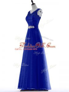 Royal Blue A-line Beading and Lace Party Dress Zipper Tulle Sleeveless Floor Length