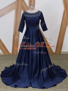 Luxury Navy Blue Mother Of The Bride Dress Scoop 3 4 Length Sleeve Brush Train Zipper