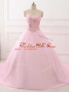 Inexpensive Baby Pink Ball Gowns Sweetheart Sleeveless Tulle Brush Train Lace Up Beading Quinceanera Dresses