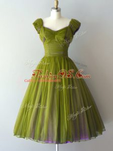 Sumptuous Ruching Court Dresses for Sweet 16 Olive Green Lace Up Cap Sleeves Knee Length