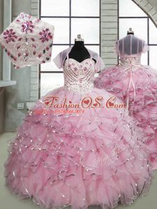 Sleeveless Organza Brush Train Lace Up Little Girl Pageant Dress in Baby Pink with Beading and Ruffles