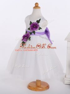 Hot Selling White Zipper Pageant Gowns For Girls Bowknot and Hand Made Flower Sleeveless Knee Length