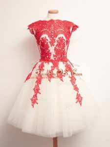 Scalloped Sleeveless Tulle Wedding Party Dress Appliques Lace Up