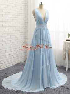 Charming Light Blue Backless V-neck Ruching and Belt Prom Gown Chiffon Sleeveless Brush Train