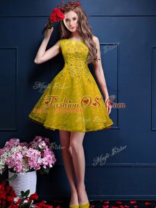 Charming Sleeveless Knee Length Beading and Lace Lace Up Quinceanera Court of Honor Dress with Yellow