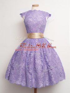 Excellent Lavender Lace Up Bridesmaids Dress Belt Cap Sleeves Knee Length