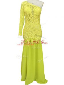 Suitable Brush Train Column/Sheath Mother Of The Bride Dress Yellow One Shoulder Chiffon Long Sleeves Side Zipper