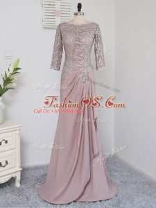 Elastic Woven Satin Scoop Half Sleeves Brush Train Zipper Beading and Lace and Appliques Mother Of The Bride Dress in Pink