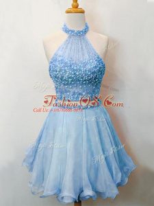 Luxury Blue Bridesmaid Gown Prom and Party and Wedding Party with Beading Halter Top Sleeveless Lace Up