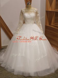 White Ball Gowns Scoop Long Sleeves Tulle Brush Train Clasp Handle Lace Wedding Dress