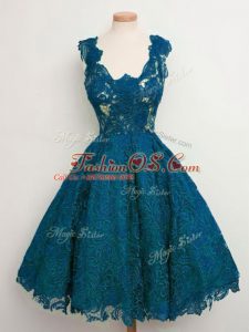 Unique Teal Lace Up Court Dresses for Sweet 16 Lace Sleeveless Knee Length