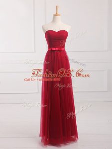 Romantic Wine Red Lace Up Sweetheart Belt Bridesmaid Dresses Tulle and Lace Sleeveless