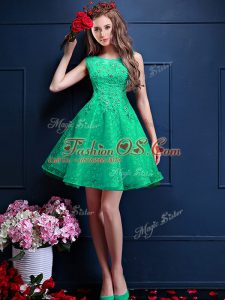 Sophisticated Apple Green A-line Bateau Sleeveless Tulle Knee Length Lace Up Lace and Appliques Wedding Guest Dresses