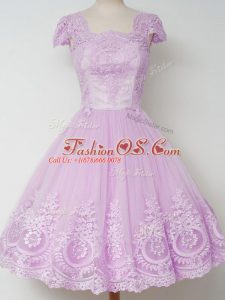 Cap Sleeves Knee Length Lace Zipper Quinceanera Court Dresses with Lilac