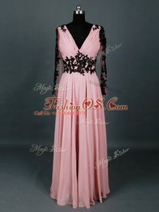 Pretty Floor Length Pink Mother Of The Bride Dress V-neck Long Sleeves Zipper