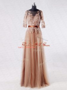 Lace and Appliques Mother Of The Bride Dress Brown Zipper Half Sleeves Floor Length