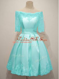 Top Selling Half Sleeves Knee Length Lace Lace Up Bridesmaid Dress with Aqua Blue