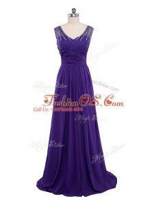 Chiffon V-neck Sleeveless Side Zipper Beading and Ruching Prom Party Dress in Purple