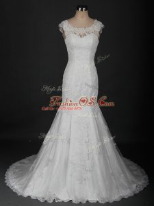 Colorful White Sleeveless Brush Train Beading and Lace Wedding Gown
