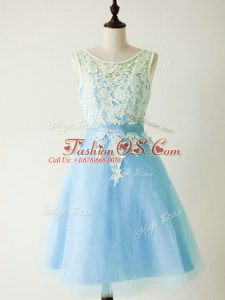 Fantastic Knee Length Lace Up Wedding Guest Dresses Light Blue for Prom and Party and Wedding Party with Lace