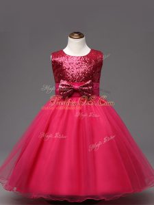Hot Pink Zipper Scoop Sequins and Bowknot Little Girl Pageant Gowns Organza Sleeveless