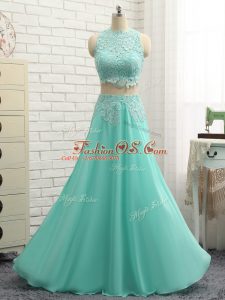 Flirting Apple Green Side Zipper High-neck Appliques Teens Party Dress Chiffon Sleeveless