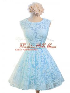 A-line Wedding Guest Dresses Light Blue Scoop Lace Sleeveless Knee Length Lace Up