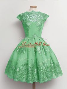 Super Green A-line Tulle Scalloped Cap Sleeves Lace Knee Length Lace Up Wedding Party Dress