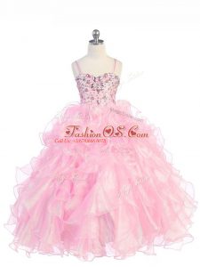 Excellent Beading and Ruffles Little Girls Pageant Gowns Baby Pink Lace Up Sleeveless Floor Length