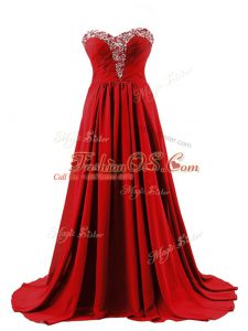 Vintage Red Empire Beading Dress for Prom Lace Up Elastic Woven Satin Sleeveless