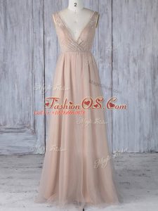 Elegant Peach Zipper V-neck Lace Bridesmaids Dress Tulle Sleeveless