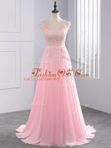 Baby Pink Homecoming Dress Prom and Party with Lace and Appliques V-neck Sleeveless Brush Train Side Zipper