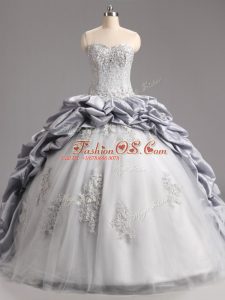 Charming Sleeveless Taffeta and Tulle Brush Train Lace Up 15 Quinceanera Dress in Silver with Beading and Appliques and Pick Ups