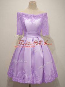 Knee Length Lavender Wedding Guest Dresses Off The Shoulder Short Sleeves Lace Up