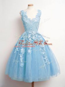 Baby Blue Tulle Lace Up Bridesmaid Dress Sleeveless Knee Length Lace