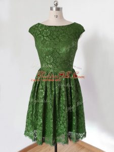 Olive Green Lace Lace Up Scoop Cap Sleeves Knee Length Bridesmaids Dress Lace