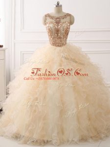 Scoop Sleeveless Sweep Train Lace Up Quinceanera Gowns Champagne Organza
