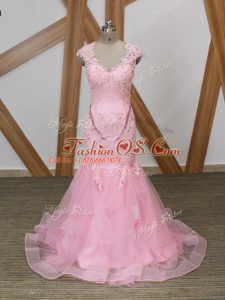 V-neck Cap Sleeves Tulle Formal Dresses Beading and Lace and Appliques and Ruffles Backless