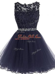Tulle Scoop Sleeveless Zipper Beading and Lace and Appliques and Ruffles Prom Party Dress in Navy Blue