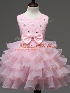 Popular Baby Pink Ball Gowns Scoop Sleeveless Organza Knee Length Zipper Lace and Ruffled Layers and Bowknot Little Girl Pageant Dress