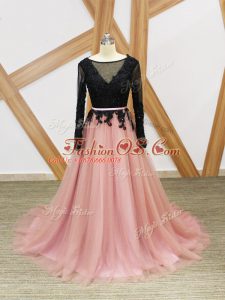 Pink And Black Empire Lace and Appliques and Sashes ribbons Celebrity Inspired Dress Zipper Tulle Long Sleeves