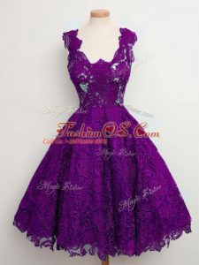 Glamorous Purple Straps Lace Up Lace Wedding Party Dress Sleeveless