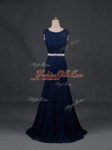 Floor Length Backless Mother Of The Bride Dress Navy Blue for Prom and Military Ball and Sweet 16 and Beach with Beading