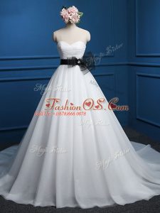 Free and Easy Sweetheart Sleeveless Tulle Wedding Dress Ruching and Bowknot Court Train Lace Up