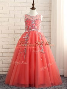Attractive Sleeveless Floor Length Beading Zipper Girls Pageant Dresses with Watermelon Red