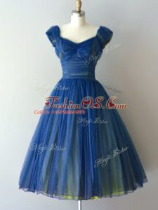 Blue Lace Up Dama Dress for Quinceanera Ruching Cap Sleeves Knee Length