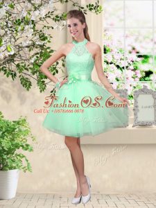 Custom Design Apple Green Halter Top Lace Up Lace and Belt Bridesmaid Dress Sleeveless