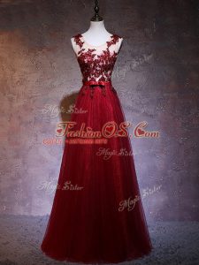 Sleeveless Elastic Woven Satin Floor Length Backless Prom Party Dress in Wine Red with Appliques