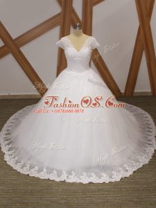 Decent V-neck Short Sleeves Tulle Wedding Dress Beading and Lace and Appliques Chapel Train Lace Up