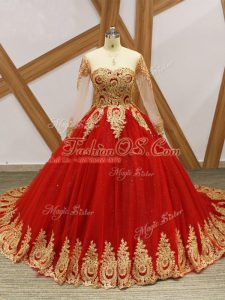 Wine Red Lace Up Quinceanera Dress Beading and Appliques Long Sleeves Court Train